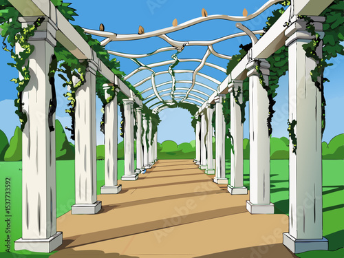 A vine covered white pergola walkway with twisted tree trunks vector illustration