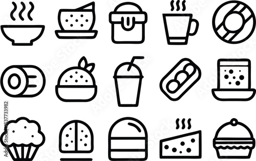 Outline icon set of comfort food items isolated on transparent background
