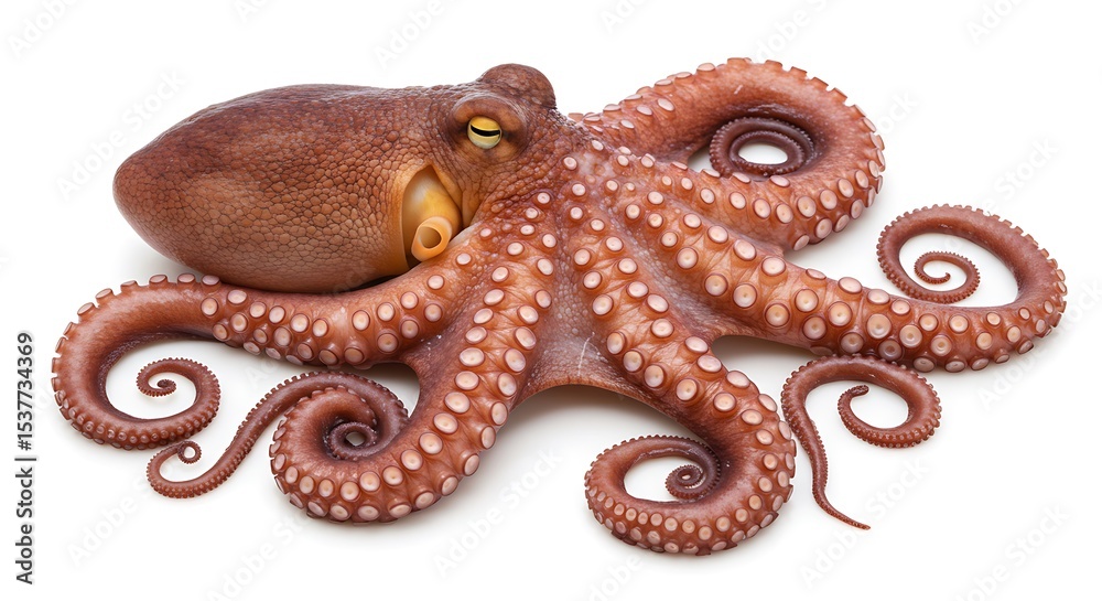 Fototapeta premium Isolated Octopus on White Background with Curled Tentacles