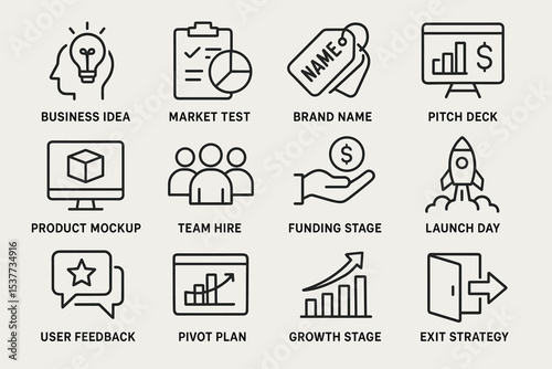 Business startup process icons featuring strategy, funding, market testing, and team building elements
