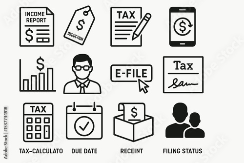 Tax filing and management icons: income, e-file, calculator, receipt, tax deduction