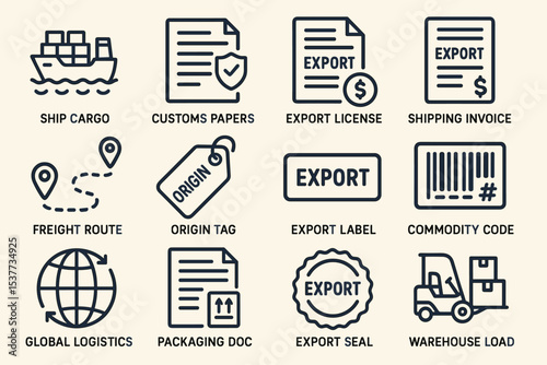 Logistics and export management icons set for global shipping solutions