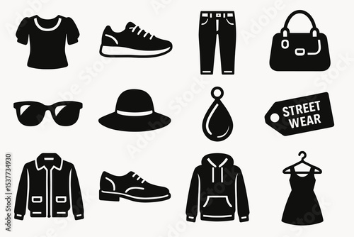 Fashion items icons: clothing, accessories, footwear collection
