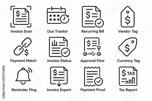 Financial management icons: invoice, billing, approval, and tax report tools
