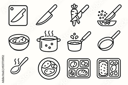 Cooking utensils and food preparation icons set: knife, pot, frying pan, ingredients
