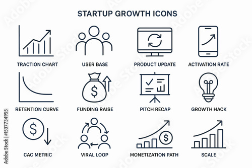Startup growth icons: charts, metrics, funding, user base, strategy