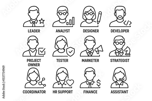 Team roles icon set featuring male and female professionals in various positions
