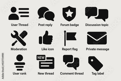 Set of forum icons: user thread, moderation, private message, discussion topics and more