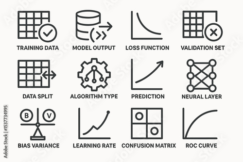 Machine learning concepts and tools icons set in grid layout