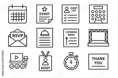 Event planning icons: calendar, menu, rsvp, guest list, stage, microphone, stopwatch