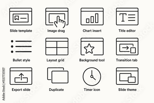 Icons for slide design features: templates, charts, text editing, grids, themes