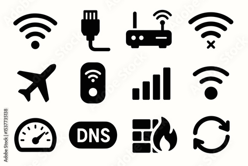 Technology icons: wifi, router, connectivity, airplane mode, dns, firewall, signal strength, refresh