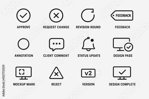 Icons for workflow and feedback: approve, request change, revision, complete