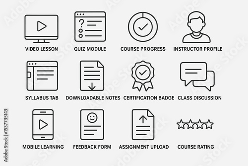 E-learning icons: course progress, instructor, certification, mobile learning