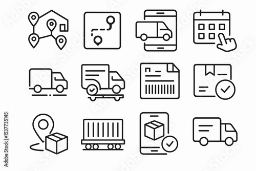Logistics and delivery line icons set: location, tracking, scheduling, shipping, package