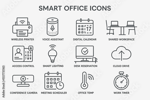 Smart office icons: printer, voice assistant, digital calendar, workspace, and more