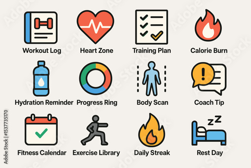 Fitness icons set: workout log, heart zone, calorie burn, hydration reminder, rest day