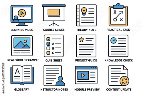 Educational resources icons set: learning, course, theory, practical tasks, real-world examples