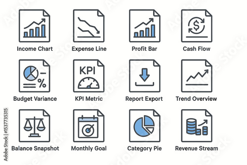 Financial icons set: income, expenses, profit, cash flow, budget, kpi, reports, trends