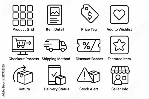 E-commerce icons: product, checkout, shipping, discount, return