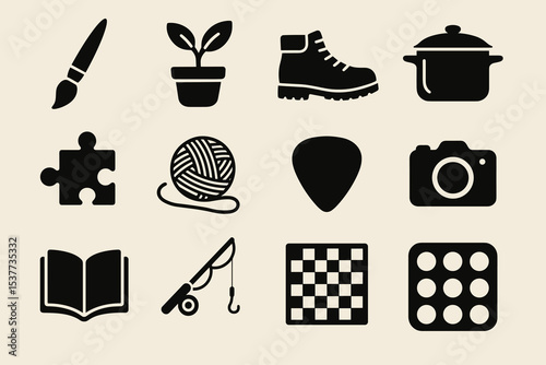 Icons of hobbies and interests: art, gardening, cooking, music, photography, reading