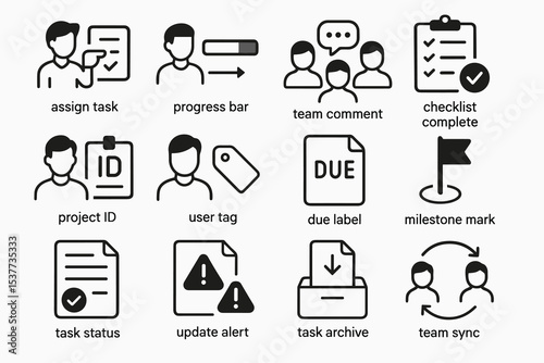 Task management icons: assignment, progress, collaboration, and milestones