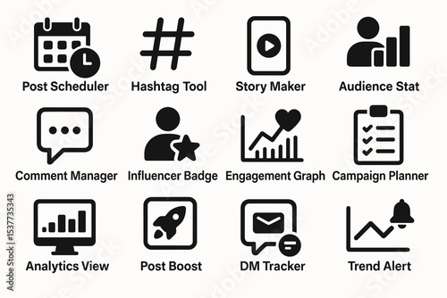 Social media management icons: tools for scheduling, analytics, and engagement