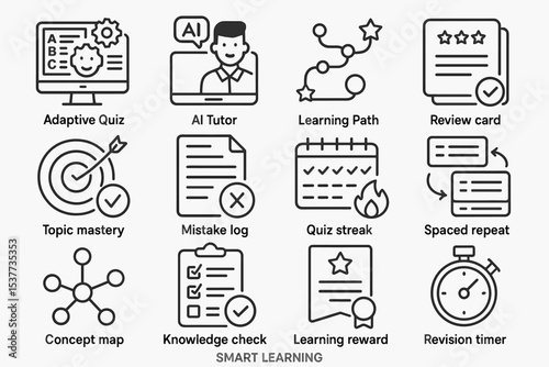 Smart learning icons: ai tutor, adaptive quiz, learning paths, review cards, knowledge check