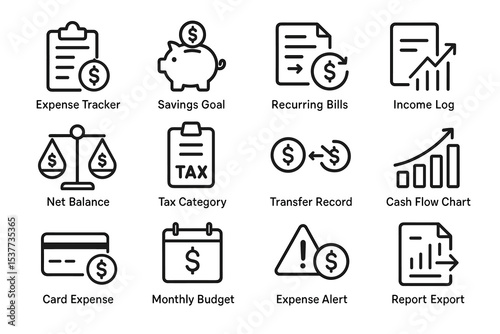 Financial icons for expense tracking, savings, budgeting, and income management