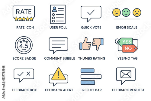 Rating and feedback icons set: user poll, emoji scale, thumbs rating