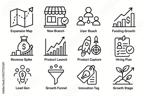 Business success icons collection: expansion, growth, funding, and innovation