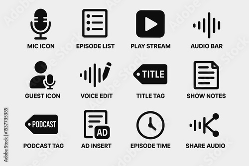 Podcast icons set: microphone, audio, guest, and share elements