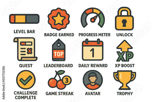 Gaming achievement icons with progress bar and trophy symbols on gold background