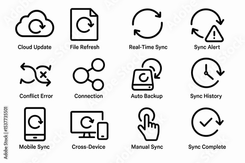 Cloud and device synchronization icons for real-time updates and backups