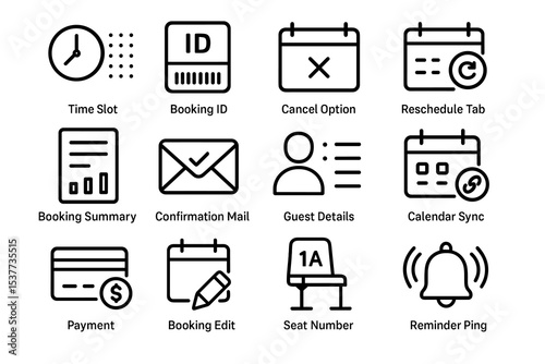 Icons for scheduling and booking management: calendar, id, payment, mail, and alerts