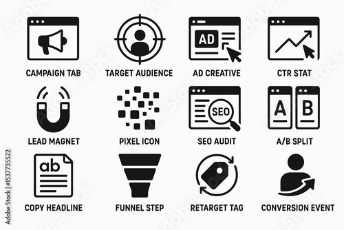 Digital marketing icons set: campaign, audience, seo, analytics, funnel
