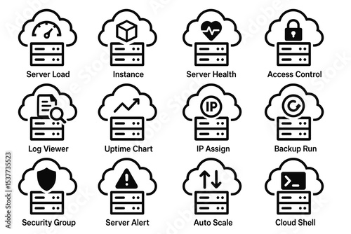 Cloud computing icons: server load, instance, health, security, backup, and monitoring tools