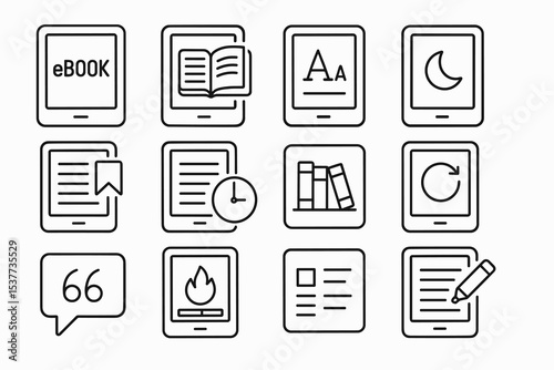 E-reader icon set: ebook, reading, bookmark, night mode, library, update, annotation