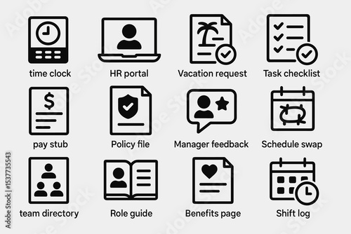 Hr and management icons: time, portal, vacation, checklists, pay, policy, feedback, schedule, directory, role, benefits, shift