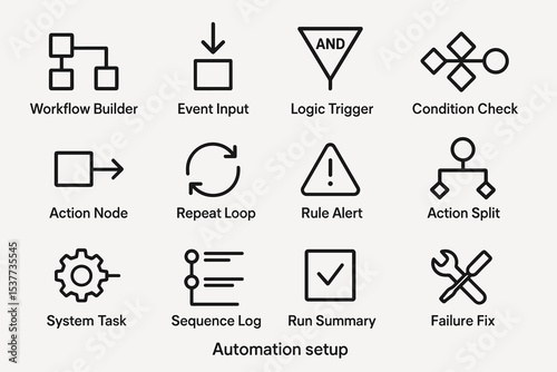 Workflow automation icons: logic trigger, action node, condition check, rule alert, system task
