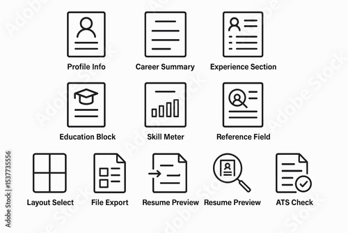 Resume builder icons: profile, career, experience, education, skills, references, layout, file, preview, ats