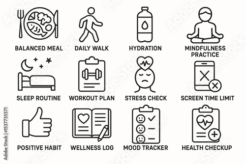 Healthy lifestyle icons: balanced meal, exercise, hydration, mindfulness, sleep, wellness