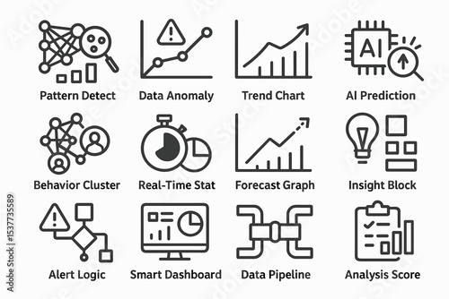 Data analysis icons set: trend, prediction, real-time, insights, logic