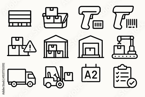 Warehouse and logistics icons set featuring barcode scanner and forklift