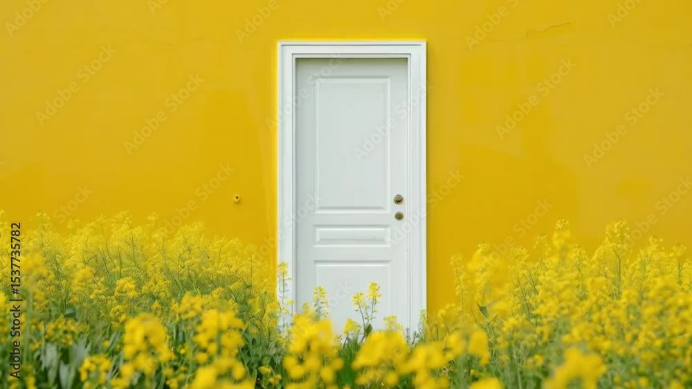 Closeup open white door on the yellow field 