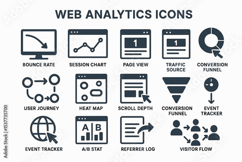 Web analytics icons set: bounce rate, session chart, page view, traffic source