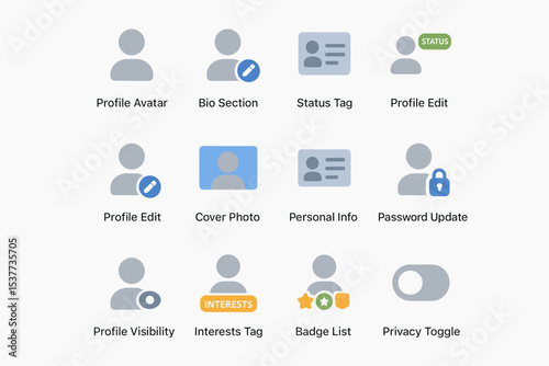 User profile interface icons set for social media and privacy management