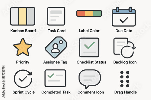 Kanban board icons: task cards, labels, priority, assignee, checklist, backlog, sprint
