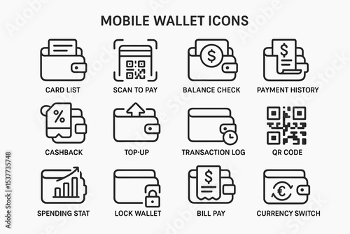 Mobile wallet icons for payment and finance management