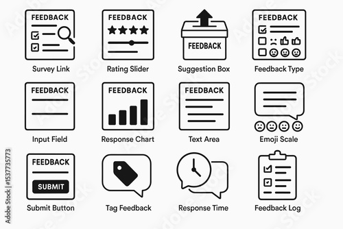 Feedback icons: survey link, rating slider, suggestion box, response chart, emoji scale